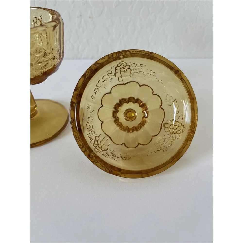 Vintage Amber Glass Candy Dish With Lid Pedestal